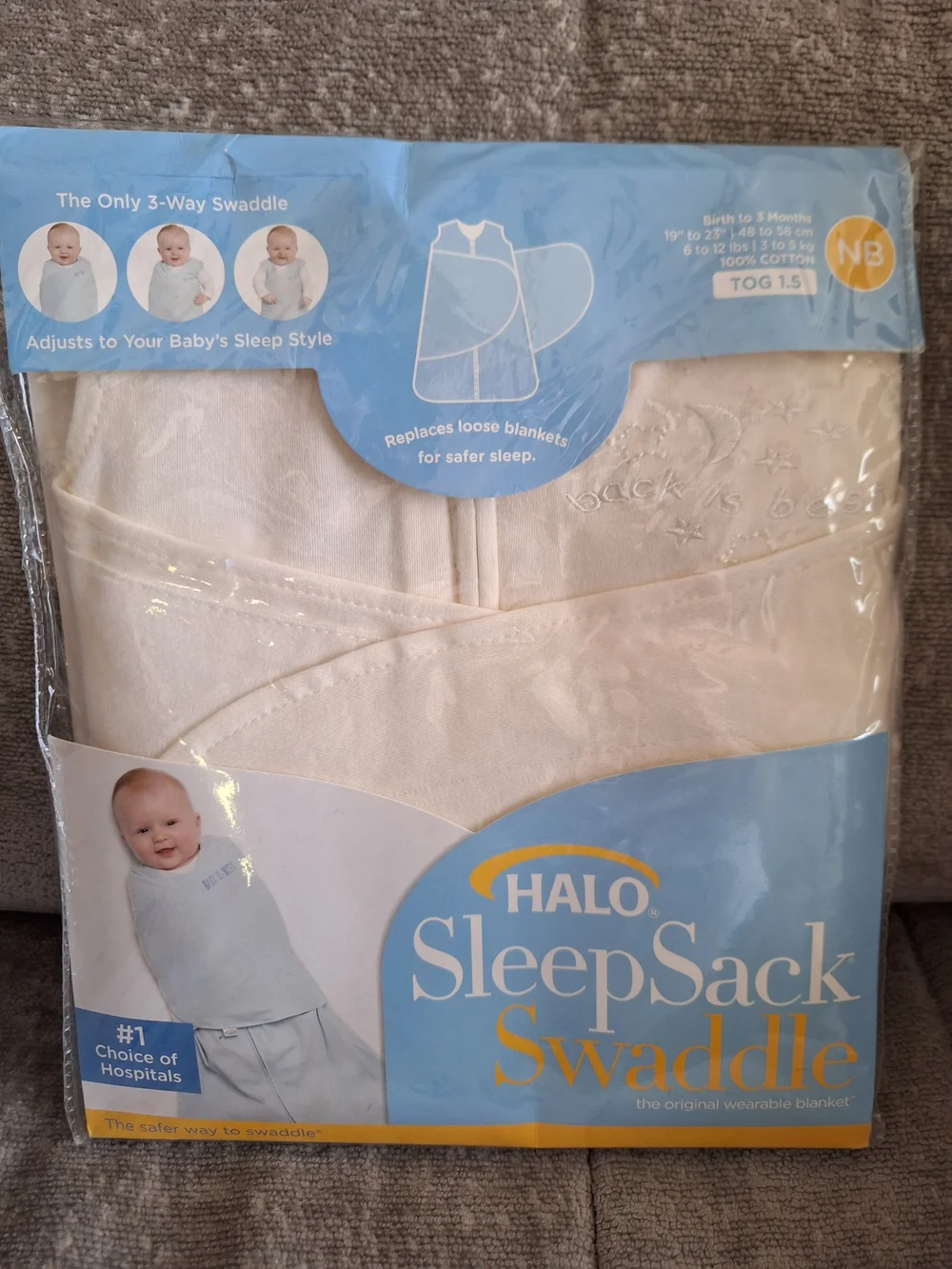 Halo Cream Sleep Sack Swaddle with Wrap-Style Front Size NB - Picture 4 of 5